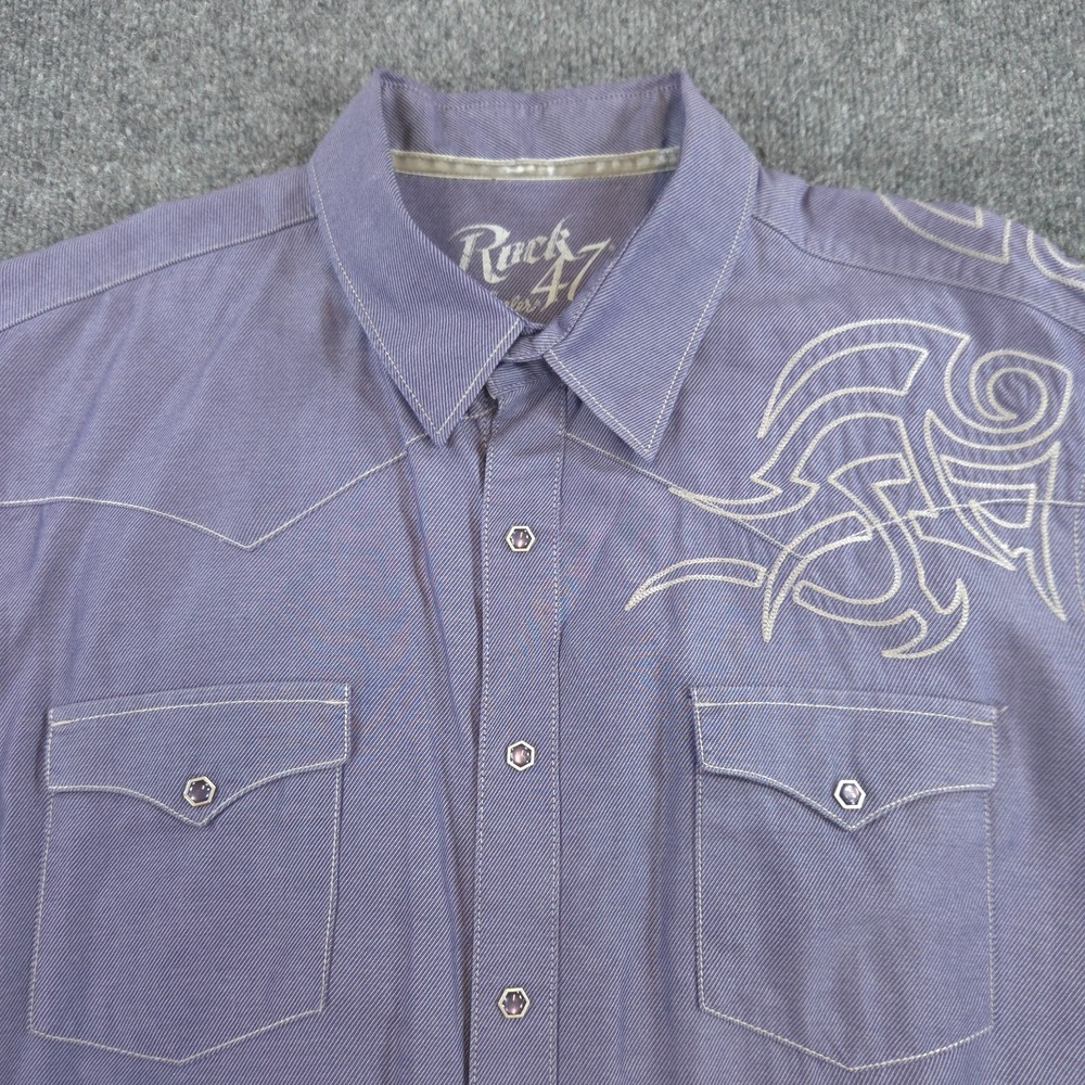 Wrangler Rock 47 Mens XL Western Snap Shirt Purple Blue Long Sleeve Embroidered